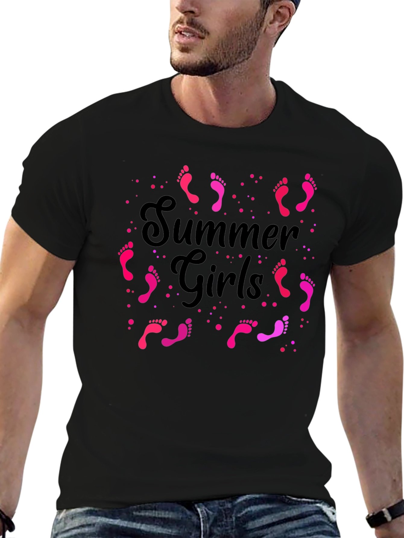 Summer Girls Pink Footprints Graphic Black T-Shirt