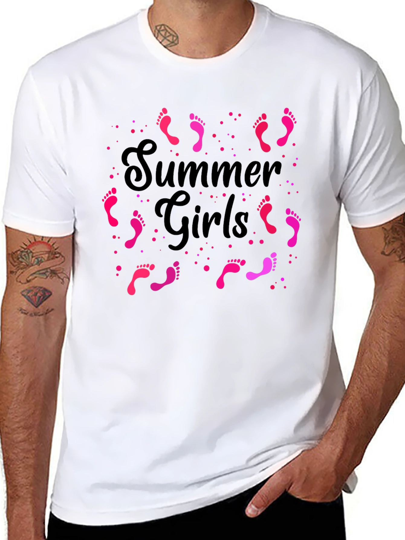 Summer Girls Pink Footprints Graphic Black T-Shirt