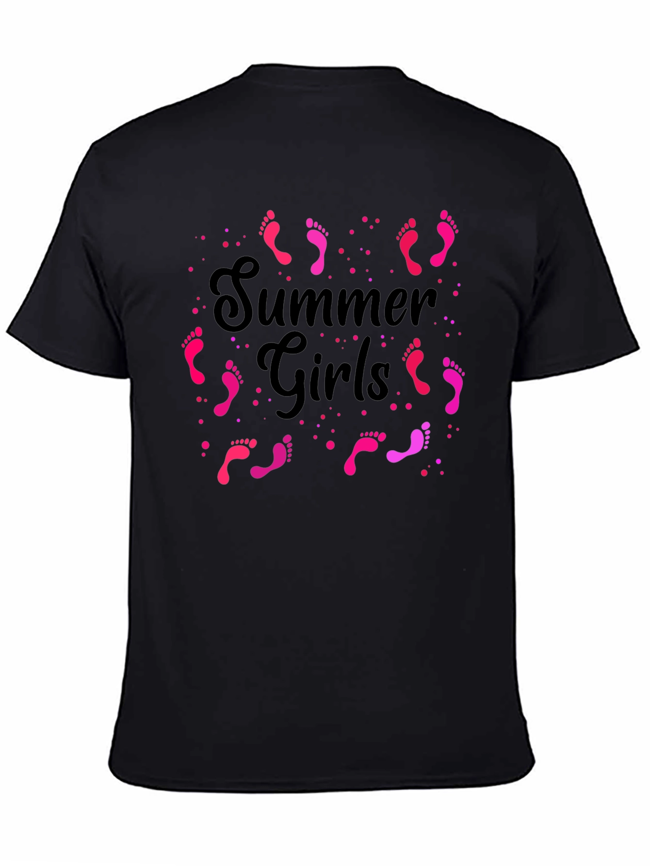 Summer Girls Pink Footprints Graphic Black T-Shirt