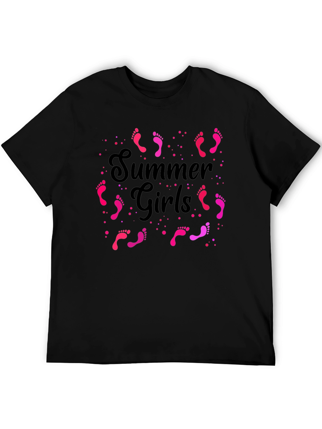 Summer Girls Pink Footprints Graphic Black T-Shirt