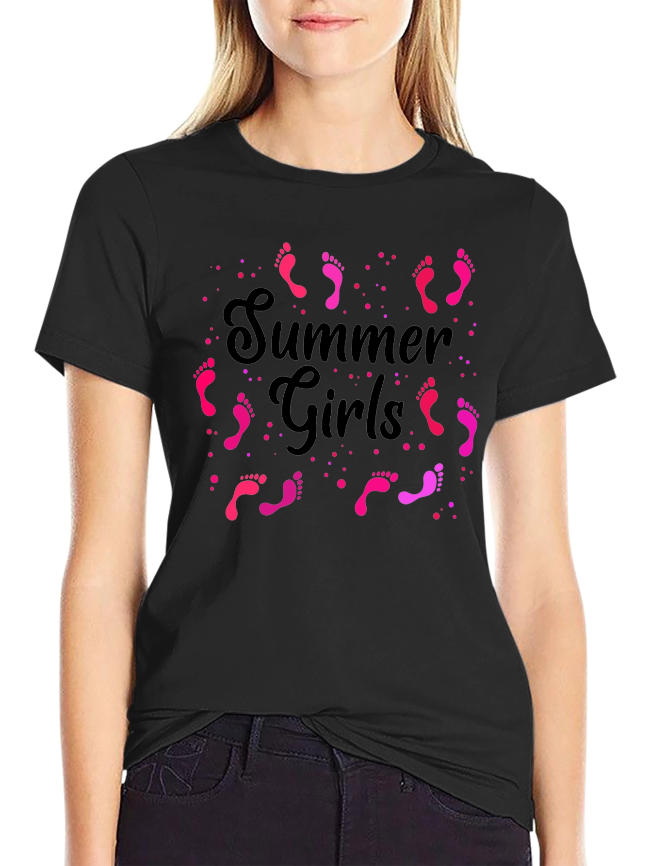 Summer Girls Pink Footprints Graphic Black T-Shirt