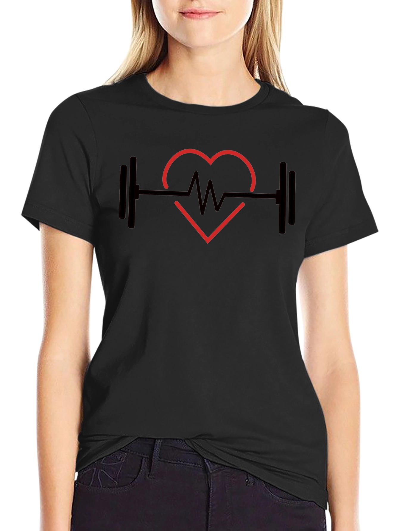 Heartbeat Barbell Black T-Shirt - Workout Fitness Tee