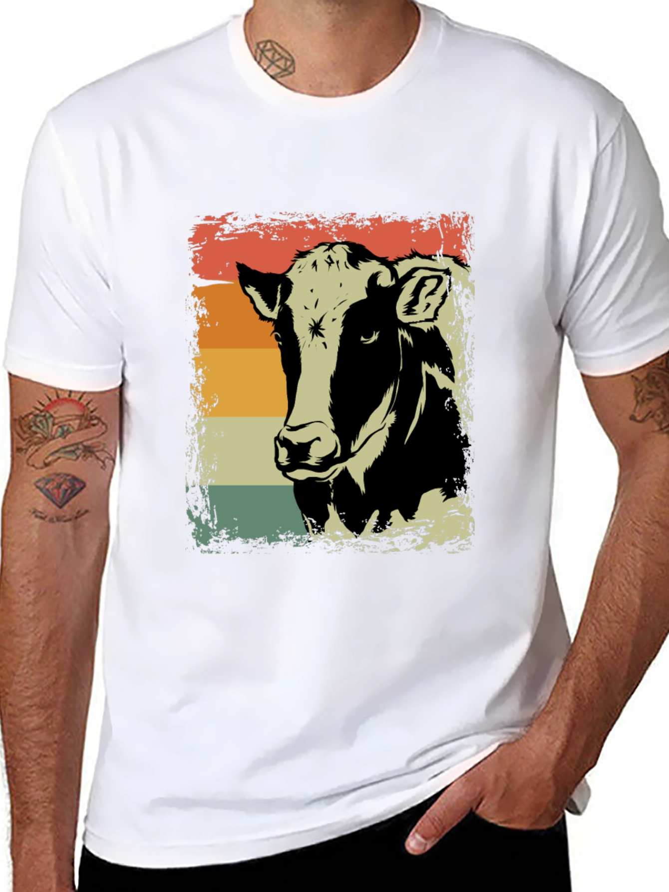 Retro Cow Graphic Tee - Black Cotton Shirt