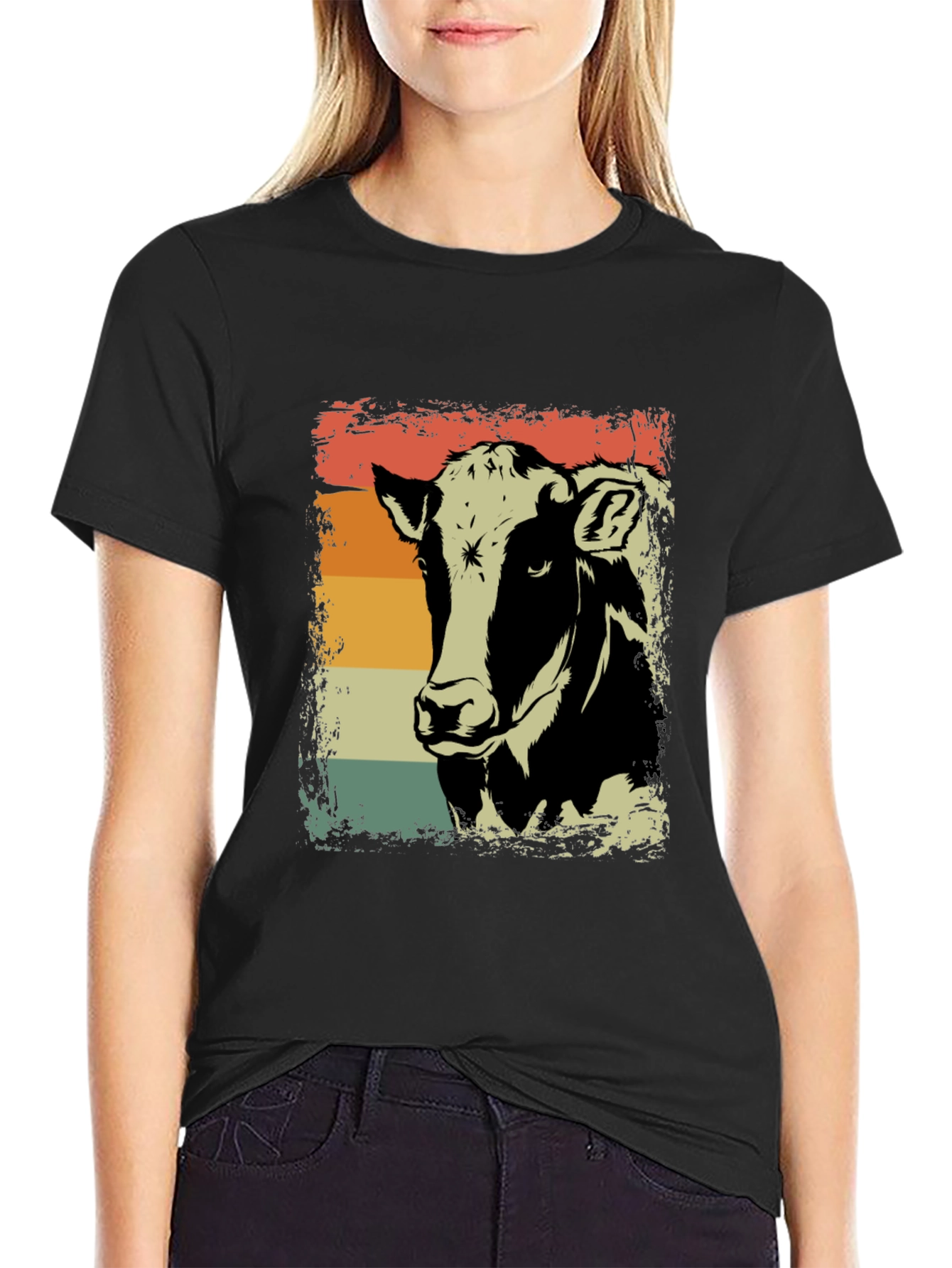 Retro Cow Graphic Tee - Black Cotton Shirt