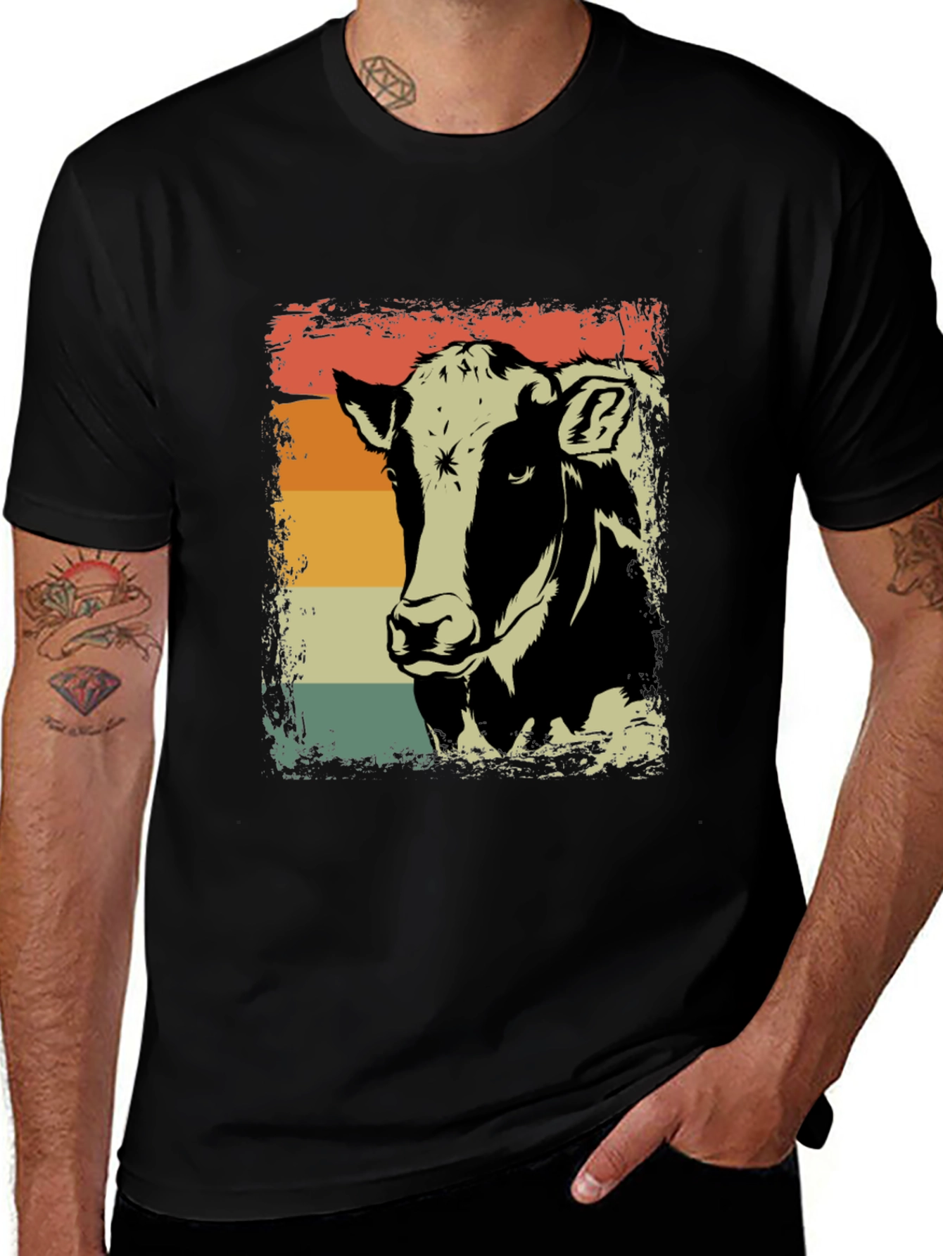 Retro Cow Graphic Tee - Black Cotton Shirt