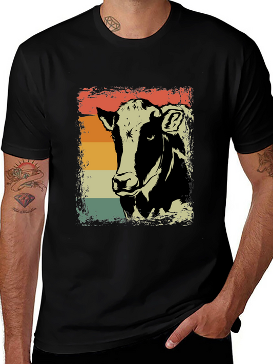 Retro Cow Graphic Tee - Black Cotton Shirt