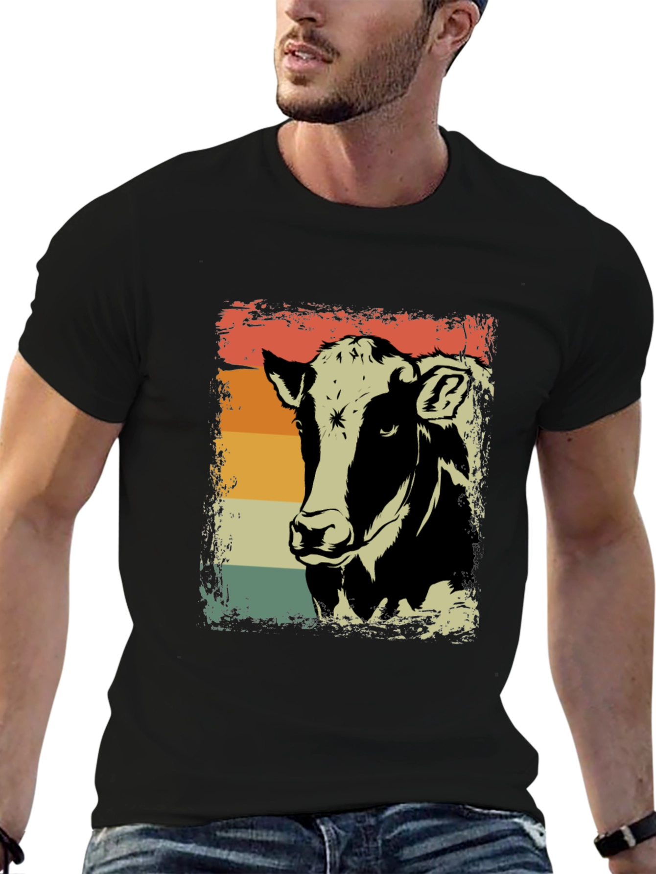 Retro Cow Graphic Tee - Black Cotton Shirt