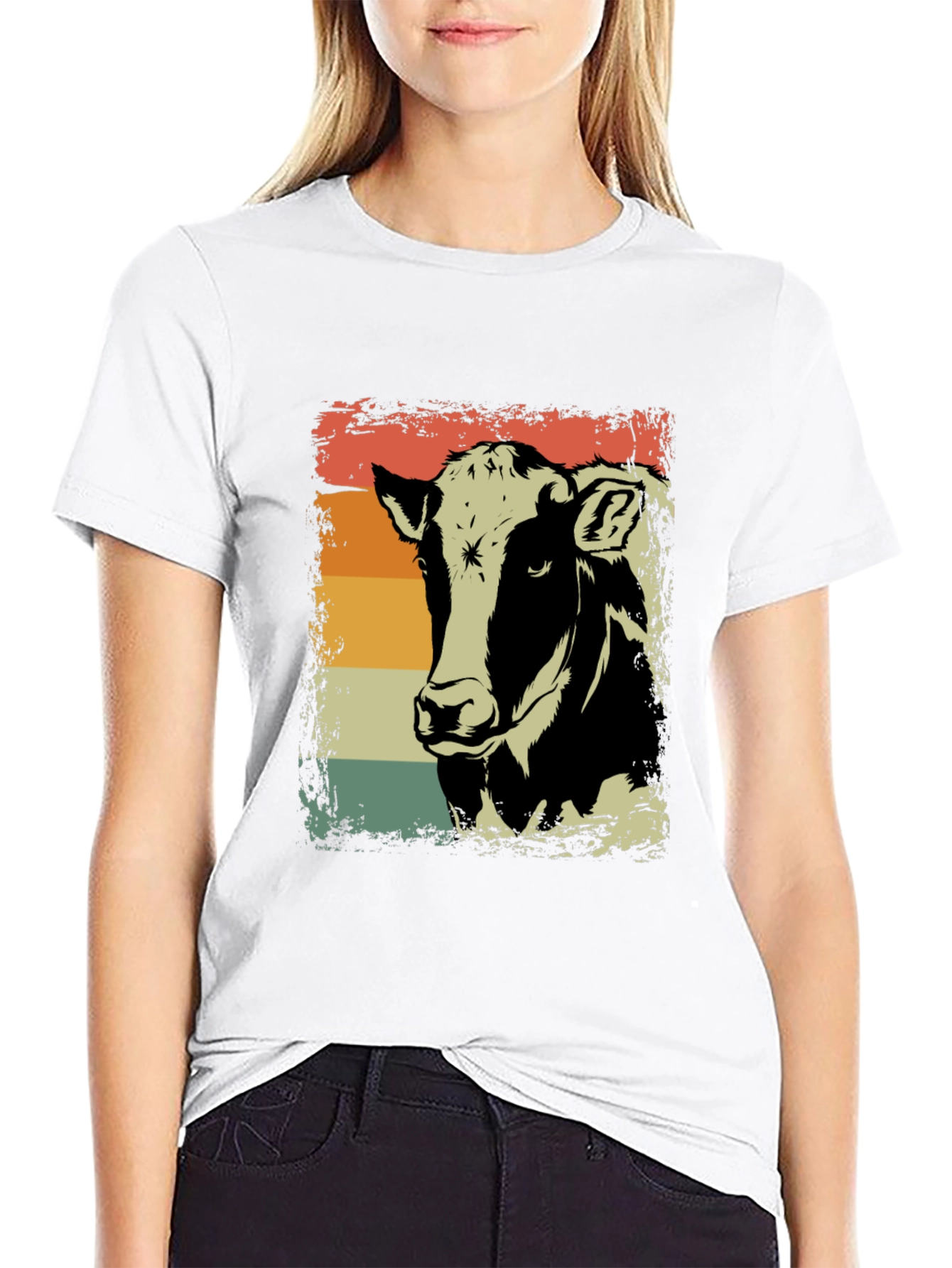 Retro Cow Graphic Tee - Black Cotton Shirt