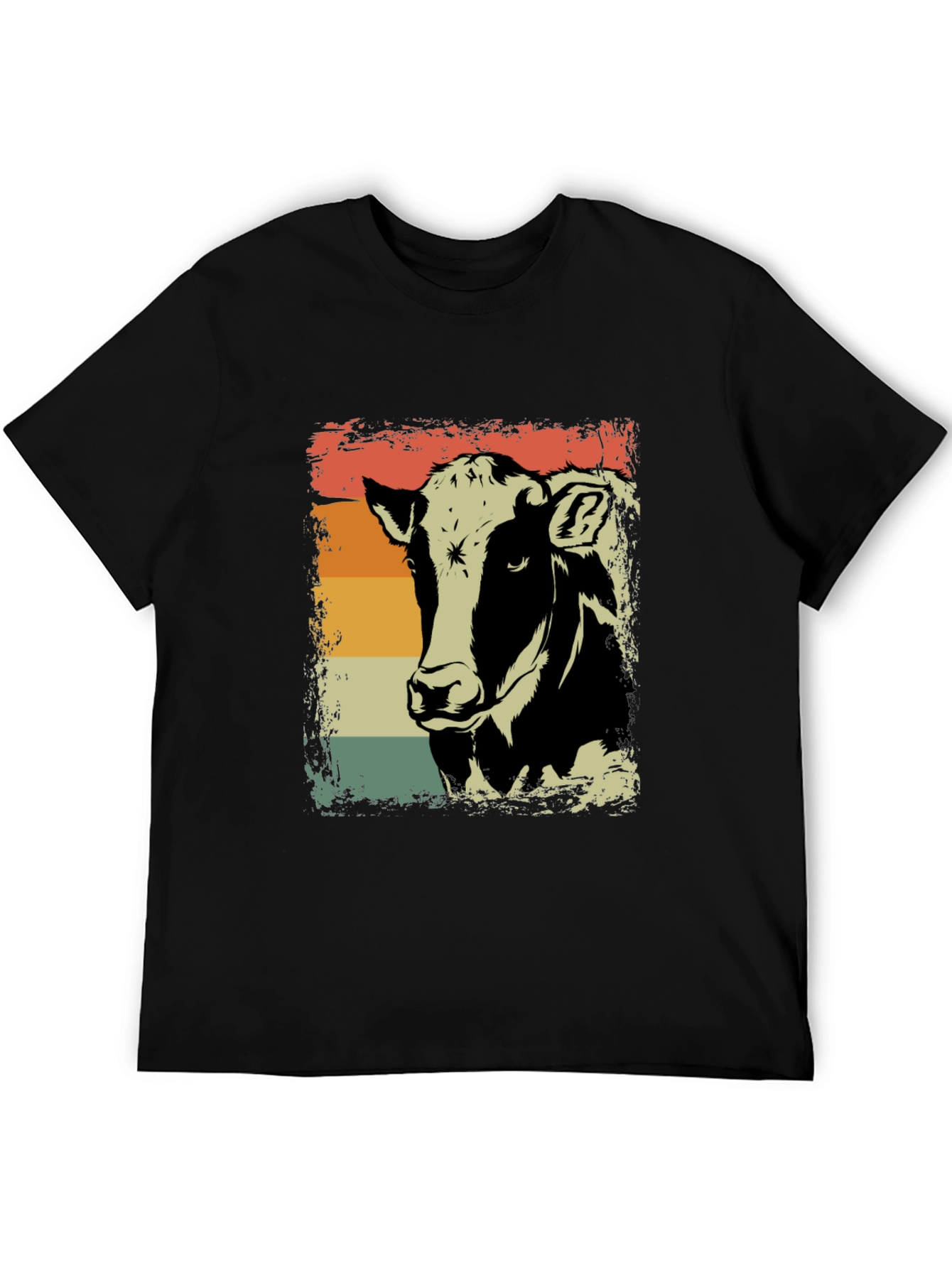 Retro Cow Graphic Tee - Black Cotton Shirt