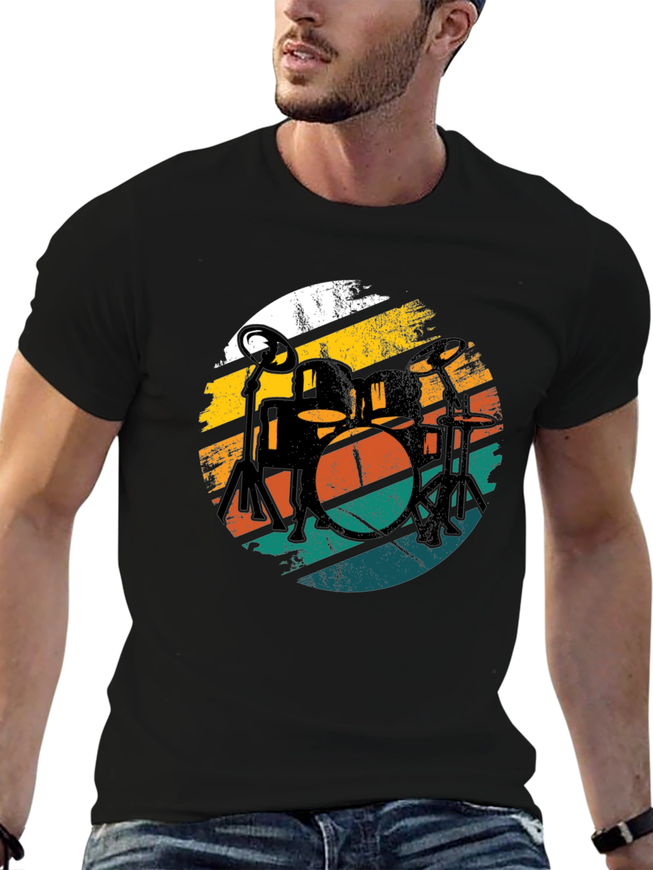 Retro Drum Set Black Graphic Tee