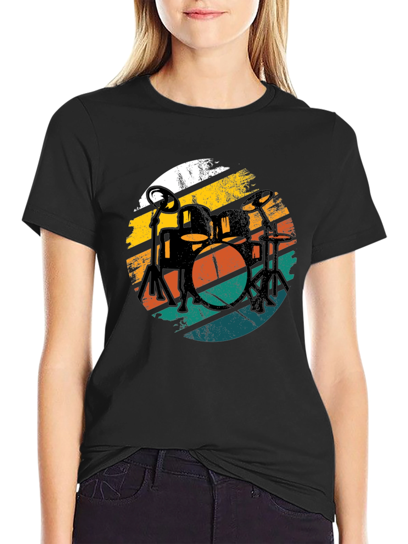 Retro Drum Set Black Graphic Tee