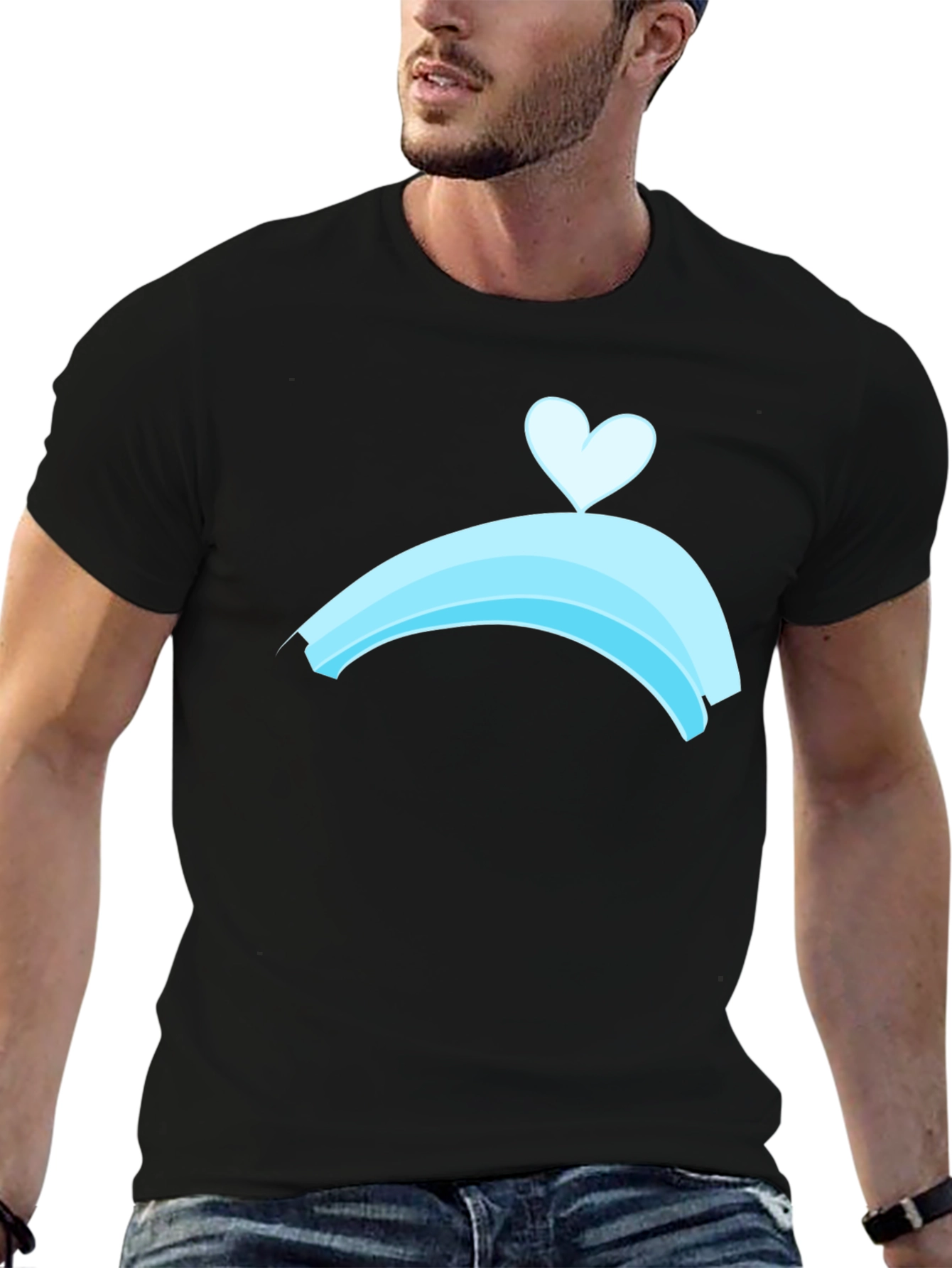 Black T-Shirt with Blue Rainbow Heart Design