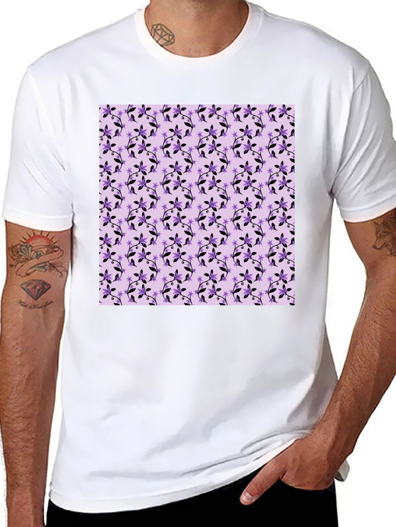 Floral Print Tee - Black Cotton Casual