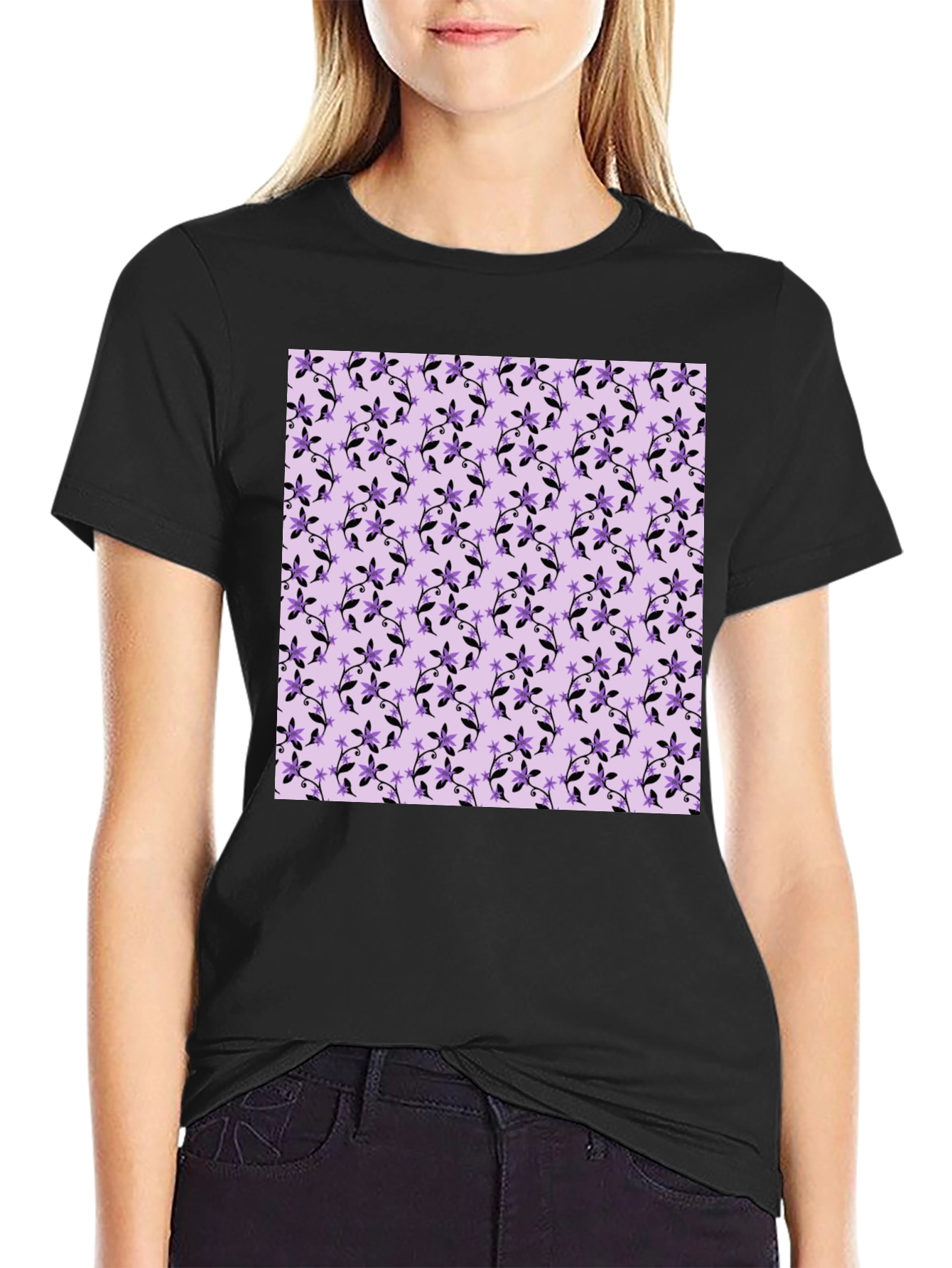 Floral Print Tee - Black Cotton Casual