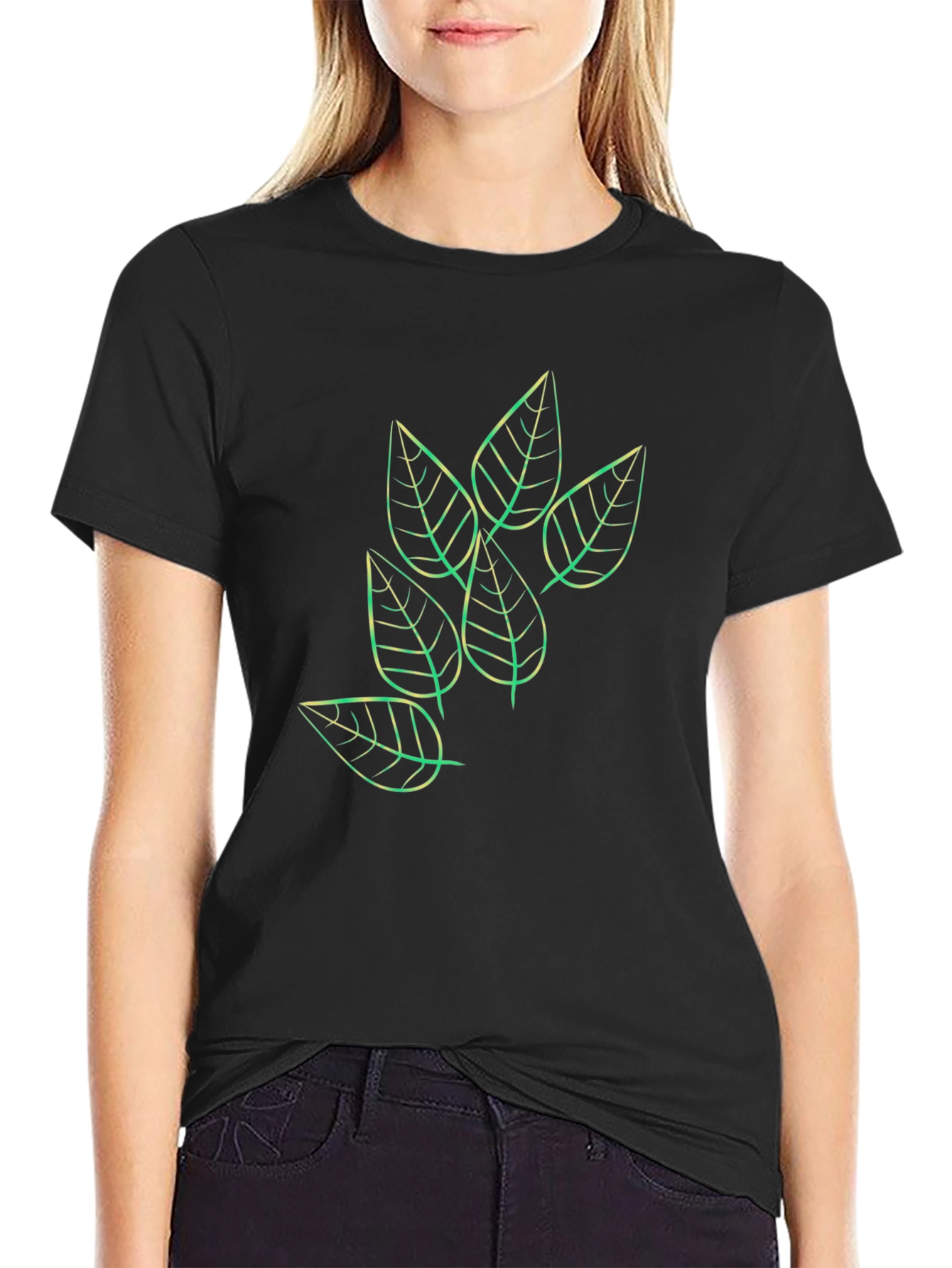 Leaf Print Black Casual T-Shirt