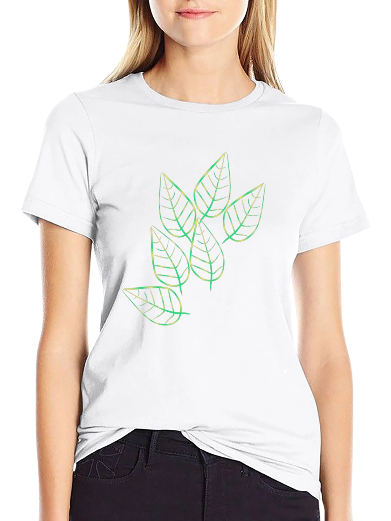 Leaf Print Black Casual T-Shirt
