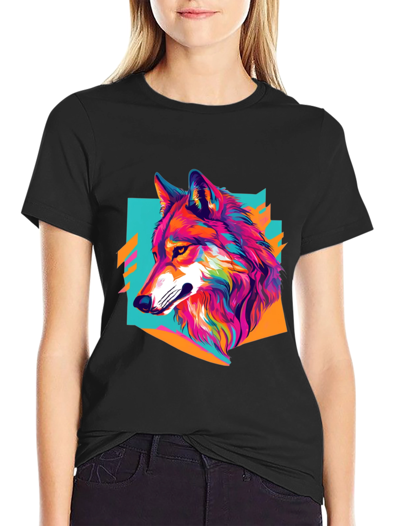 Vibrant Wolf Graphic Tee - Black Cotton Blend Shirt
