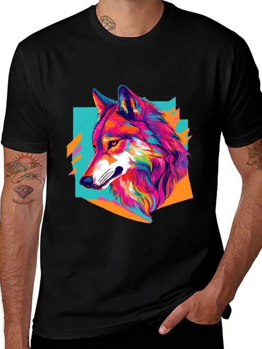 Vibrant Wolf Graphic Tee - Black Cotton Blend Shirt