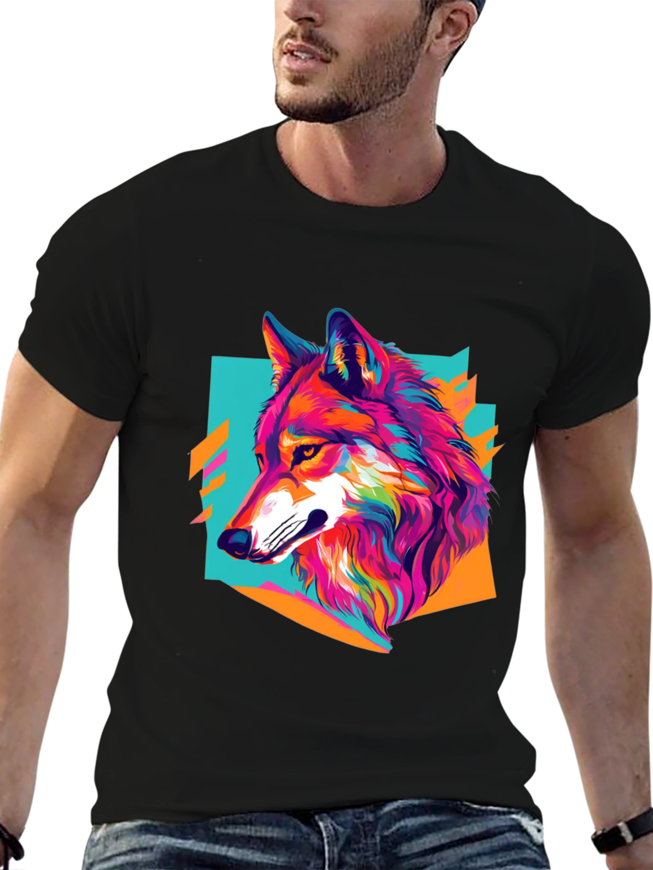 Vibrant Wolf Graphic Tee - Black Cotton Blend Shirt