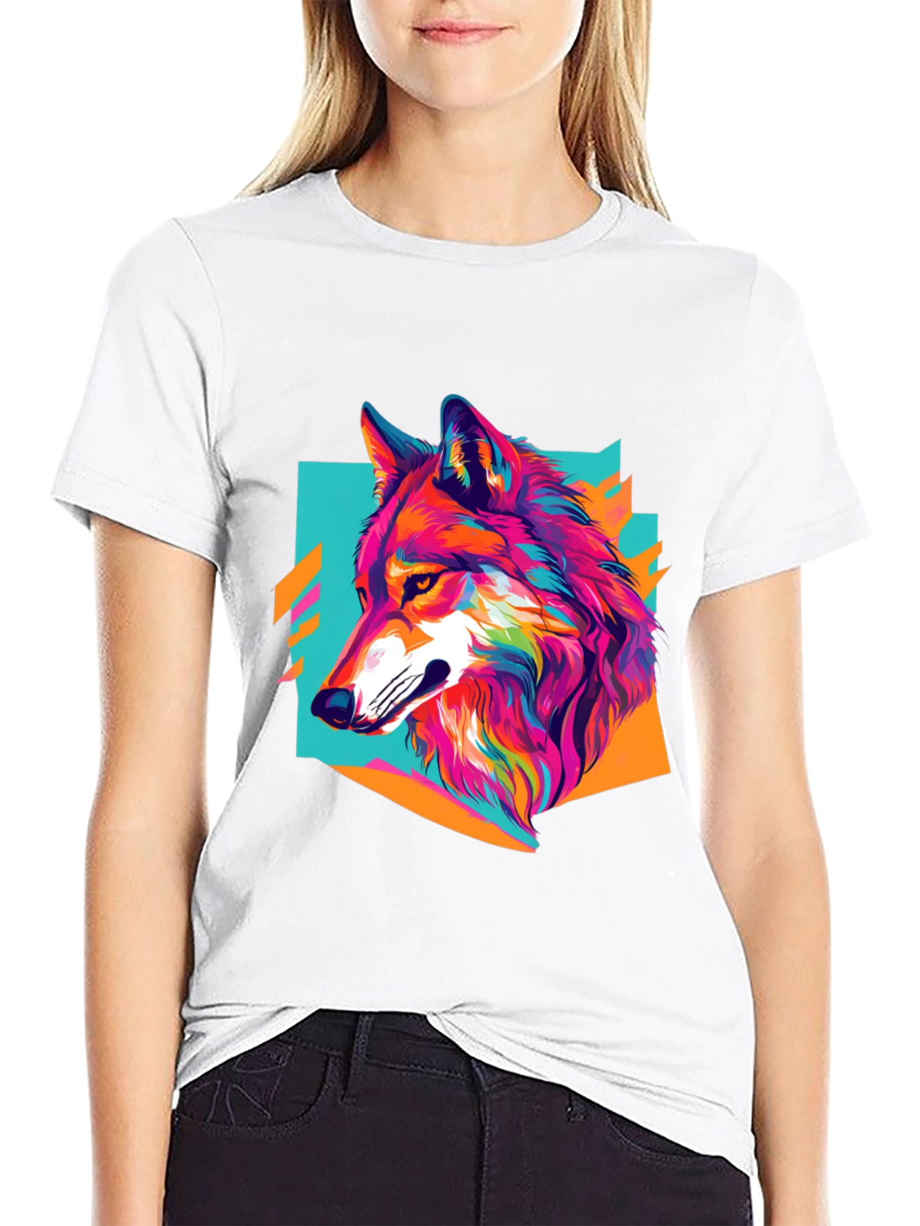 Vibrant Wolf Graphic Tee - Black Cotton Blend Shirt
