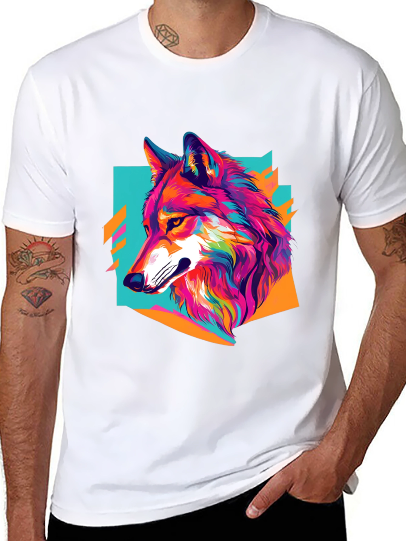 Vibrant Wolf Graphic Tee - Black Cotton Blend Shirt