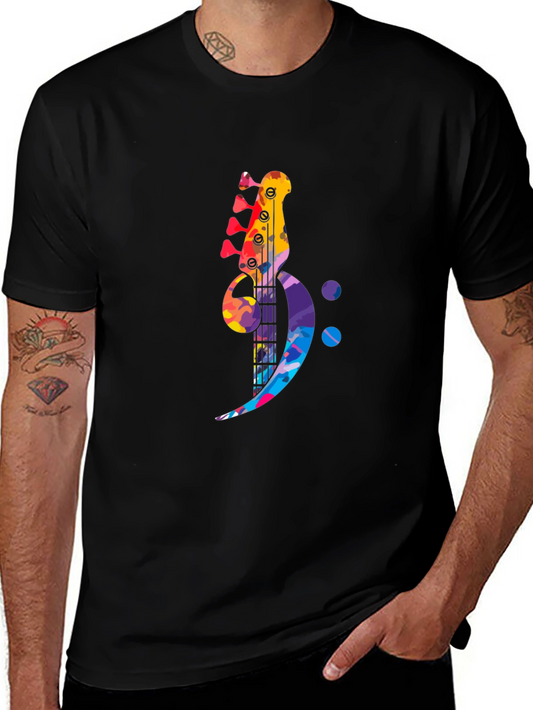 Bass Guitar Music Note Graphic Tee - Black Cotton Blend