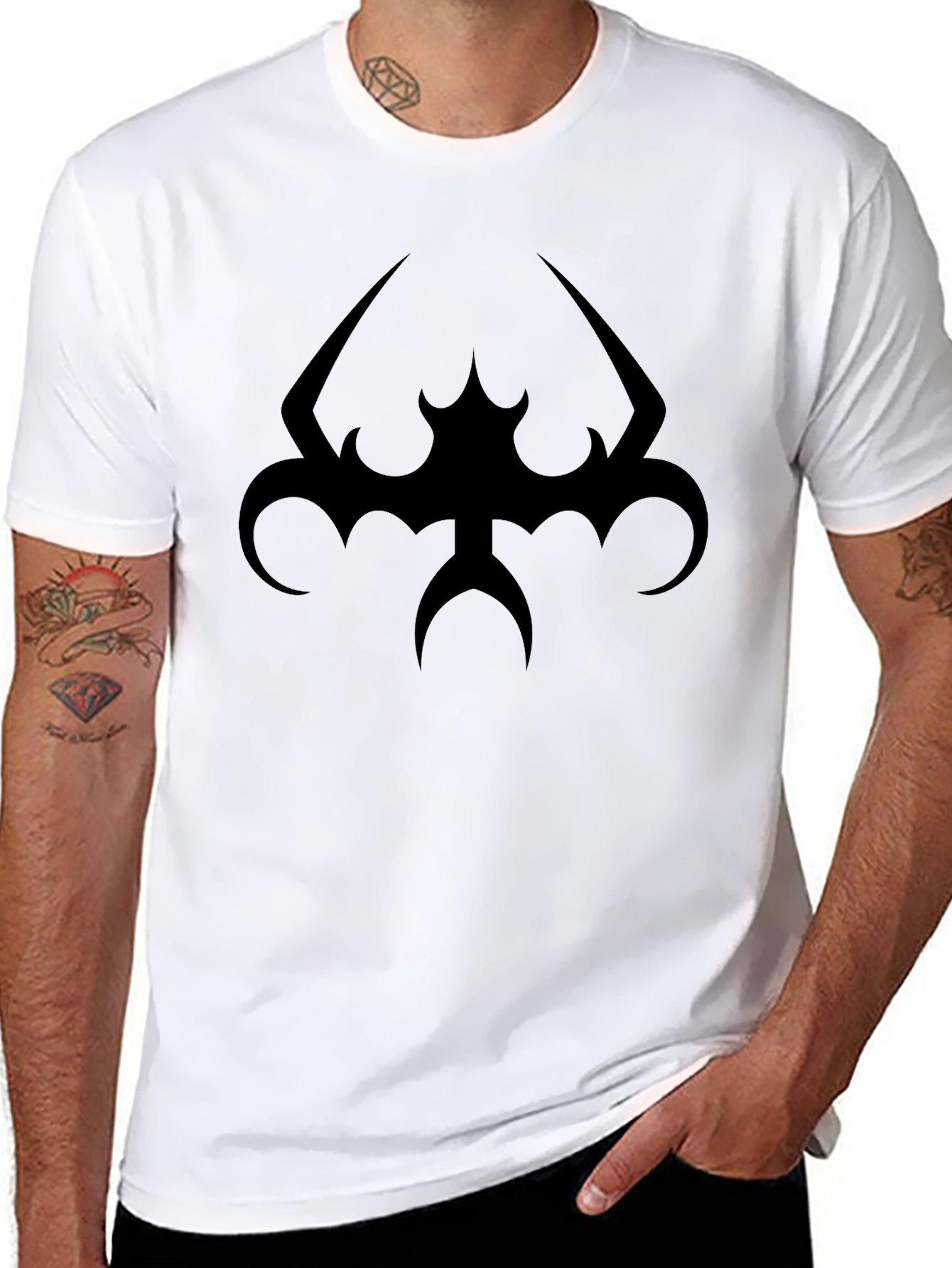 Black Tee with Tribal Bat Design