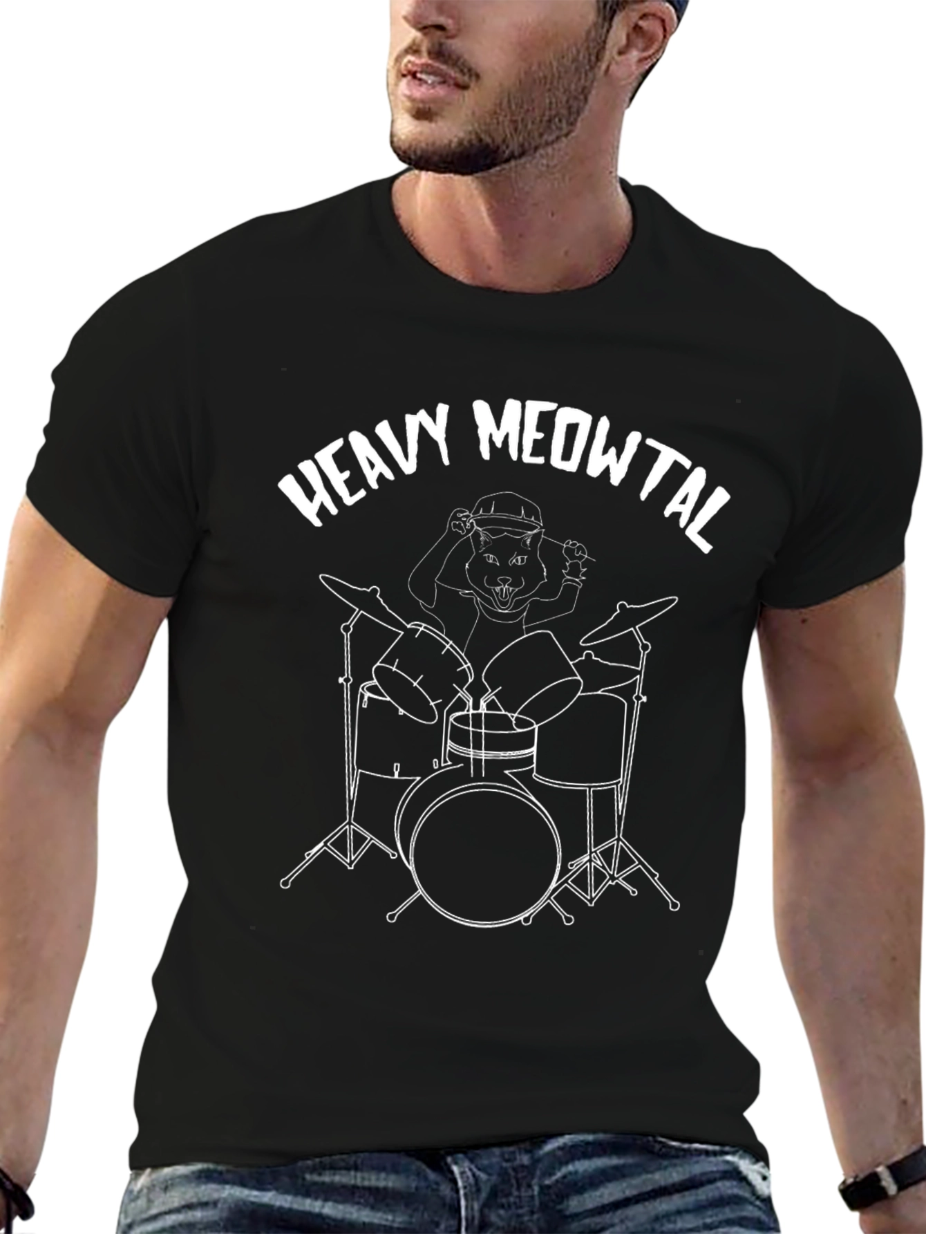 Heavy Meowtal Cat Drummer Black Graphic T-Shirt