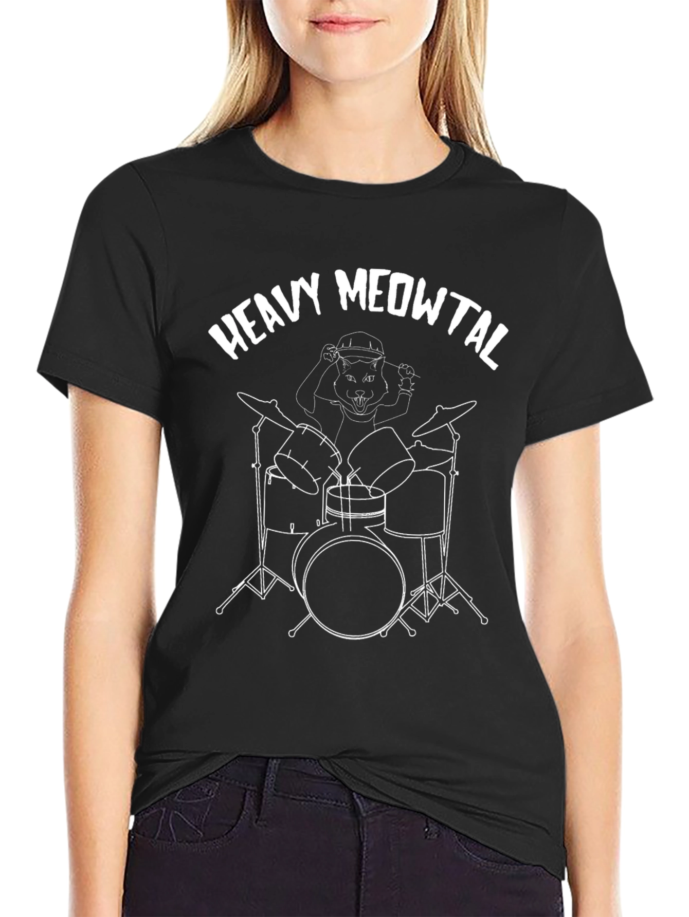 Heavy Meowtal Cat Drummer Black Graphic T-Shirt