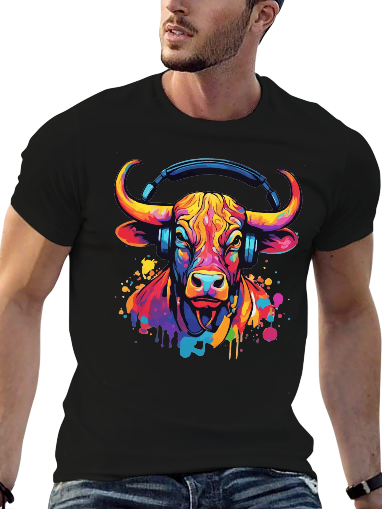 Cool Bull with Headphones Graphic Tee
