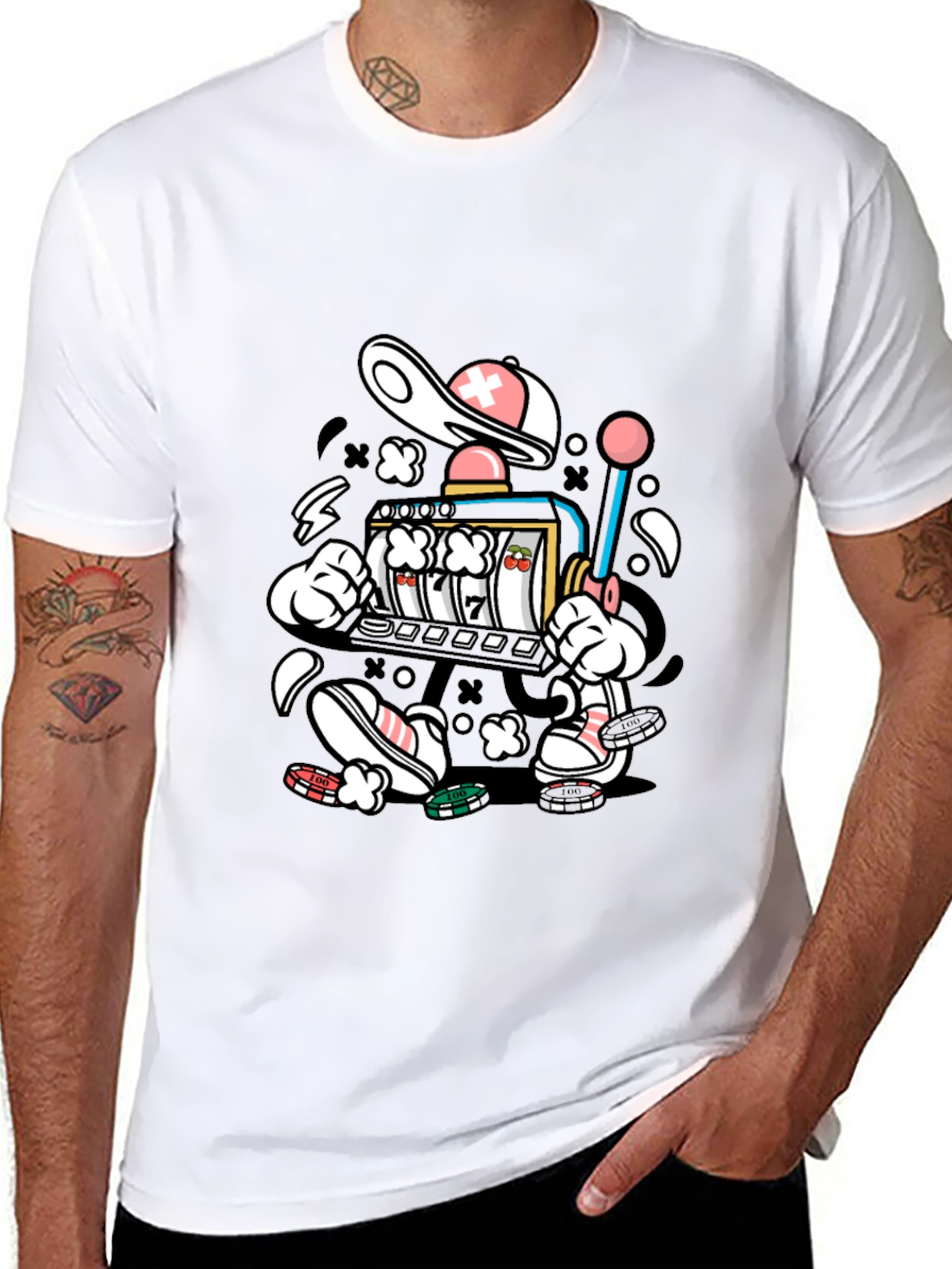 Cartoon Slot Machine Graphic Tee - Black