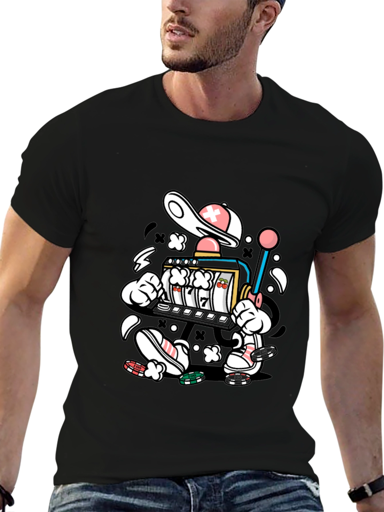 Cartoon Slot Machine Graphic Tee - Black