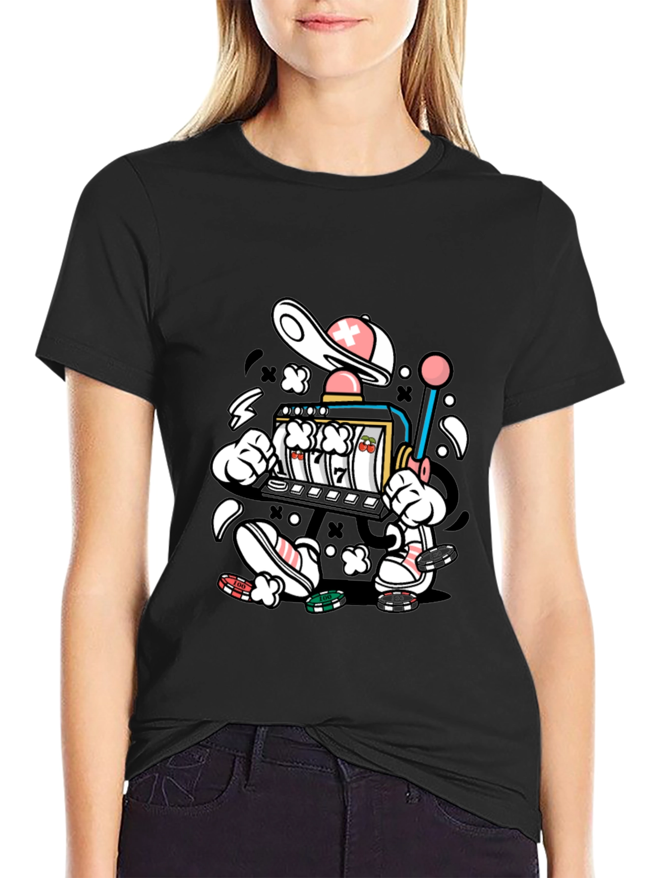 Cartoon Slot Machine Graphic Tee - Black
