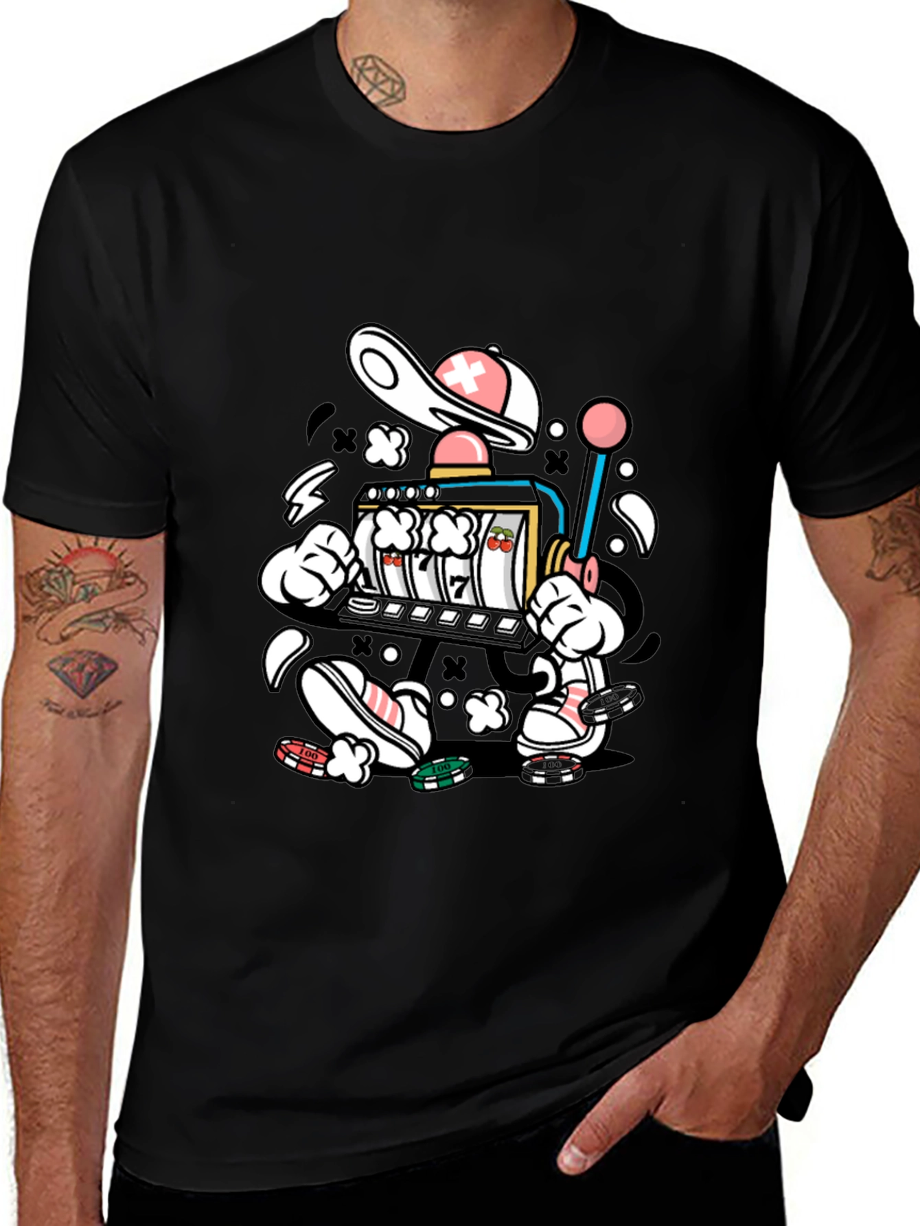 Cartoon Slot Machine Graphic Tee - Black
