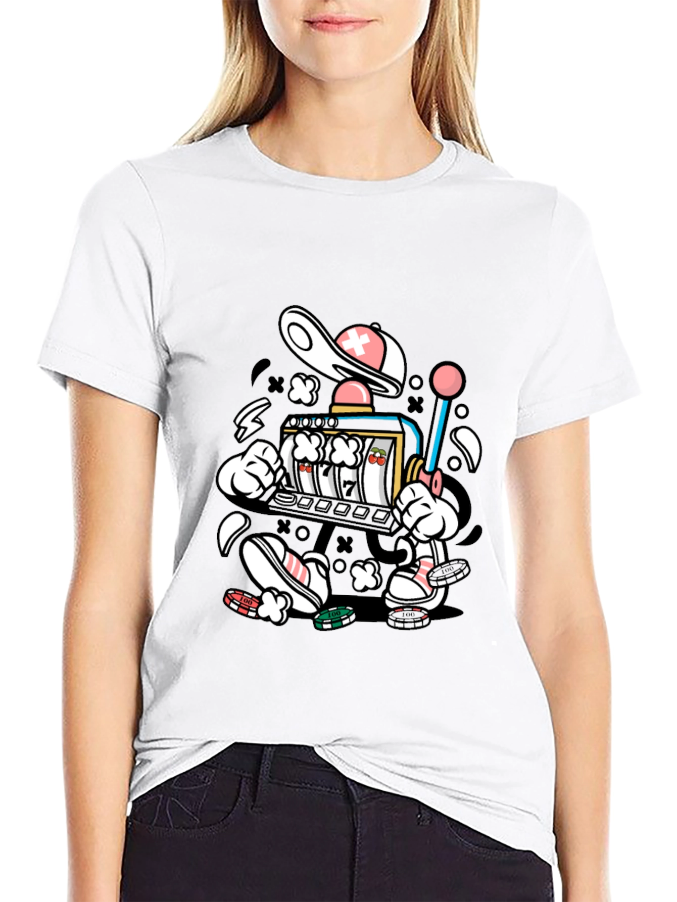 Cartoon Slot Machine Graphic Tee - Black