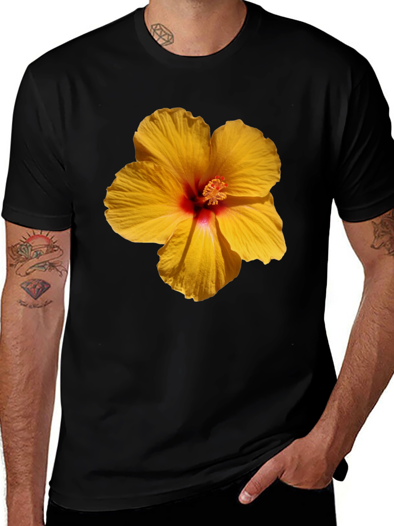 Hibiscus Flower Graphic Tee - Casual Black T-Shirt