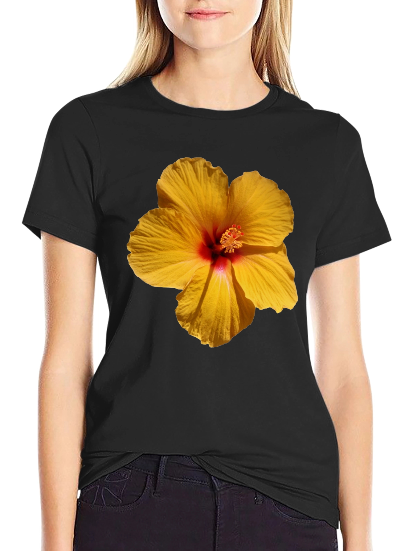 Hibiscus Flower Graphic Tee - Casual Black T-Shirt