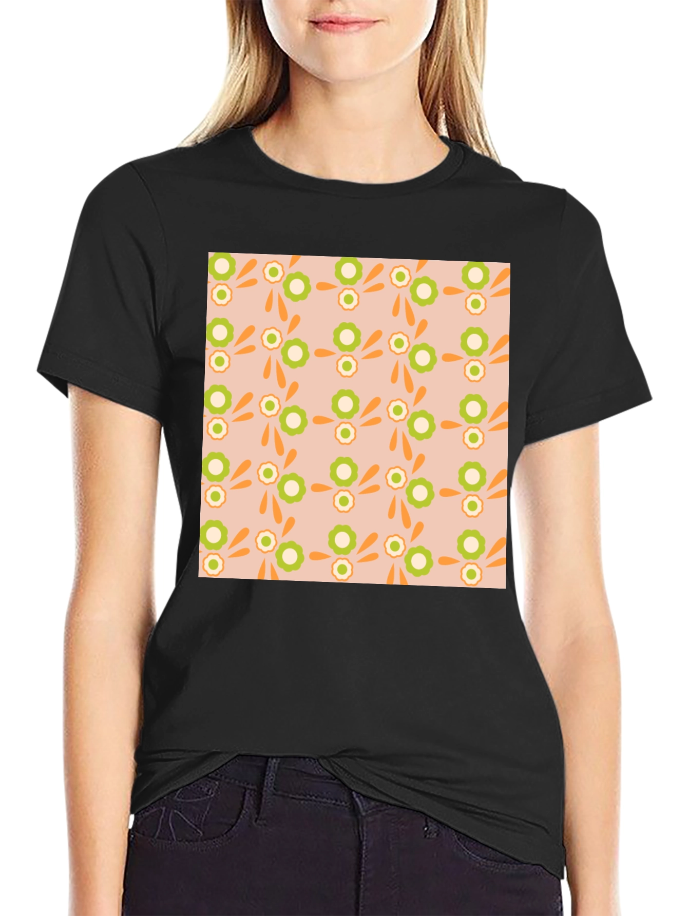 Retro Floral Pattern Black T-Shirt