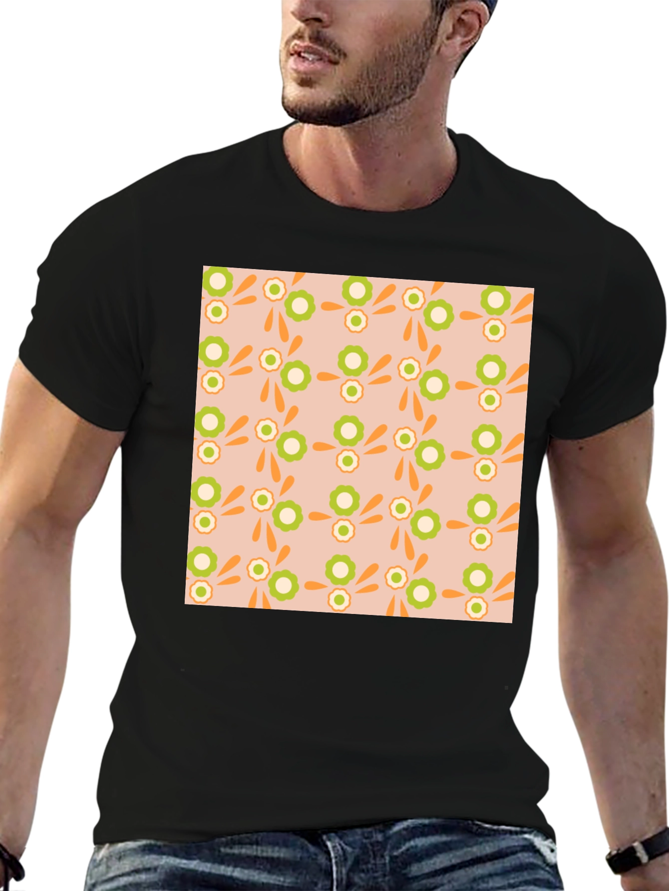 Retro Floral Pattern Black T-Shirt