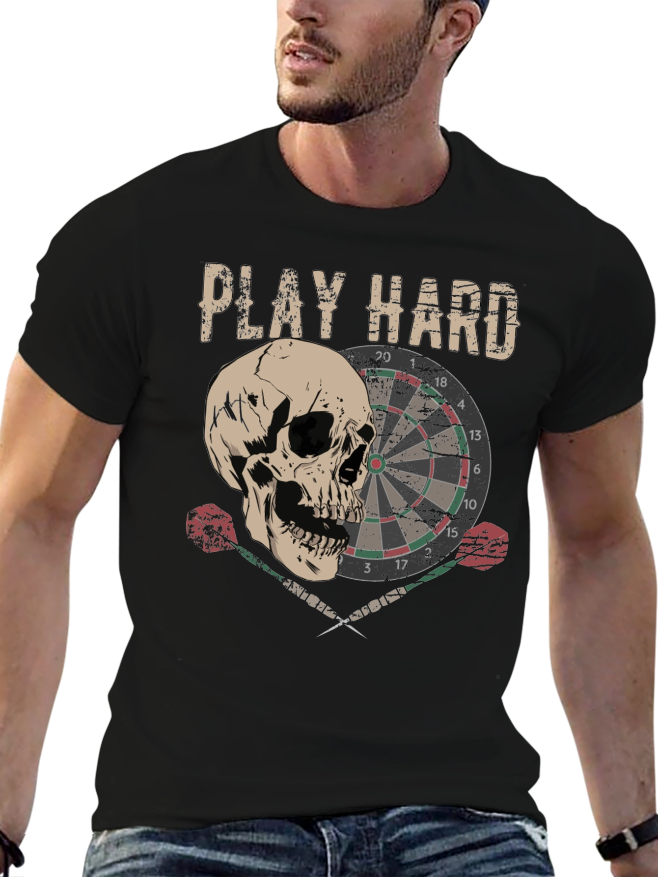 Play Hard Dartboard Skull Graphic T-Shirt