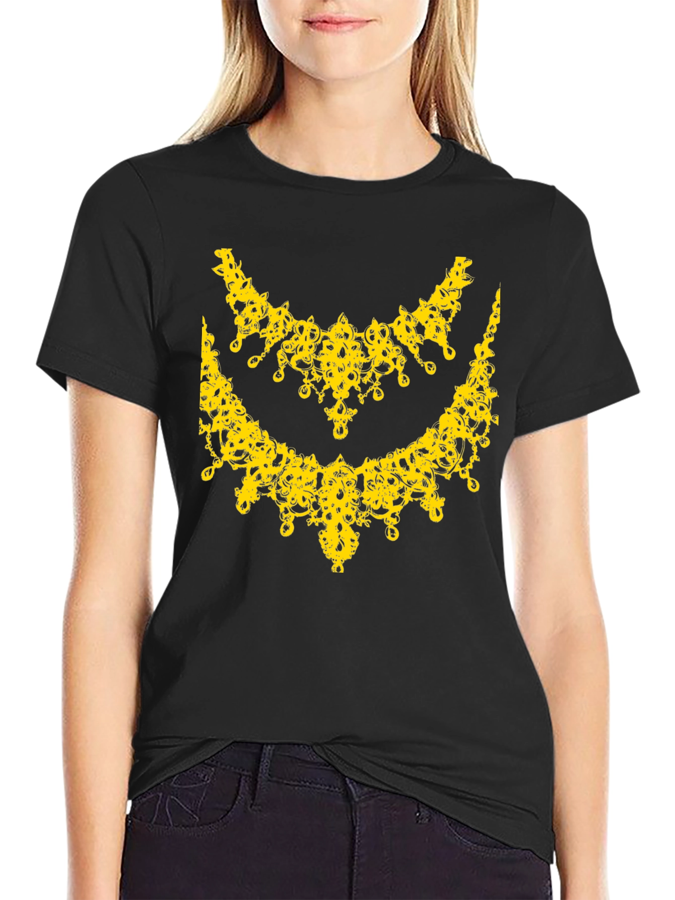 Elegant Yellow Necklace Design Black T-Shirt