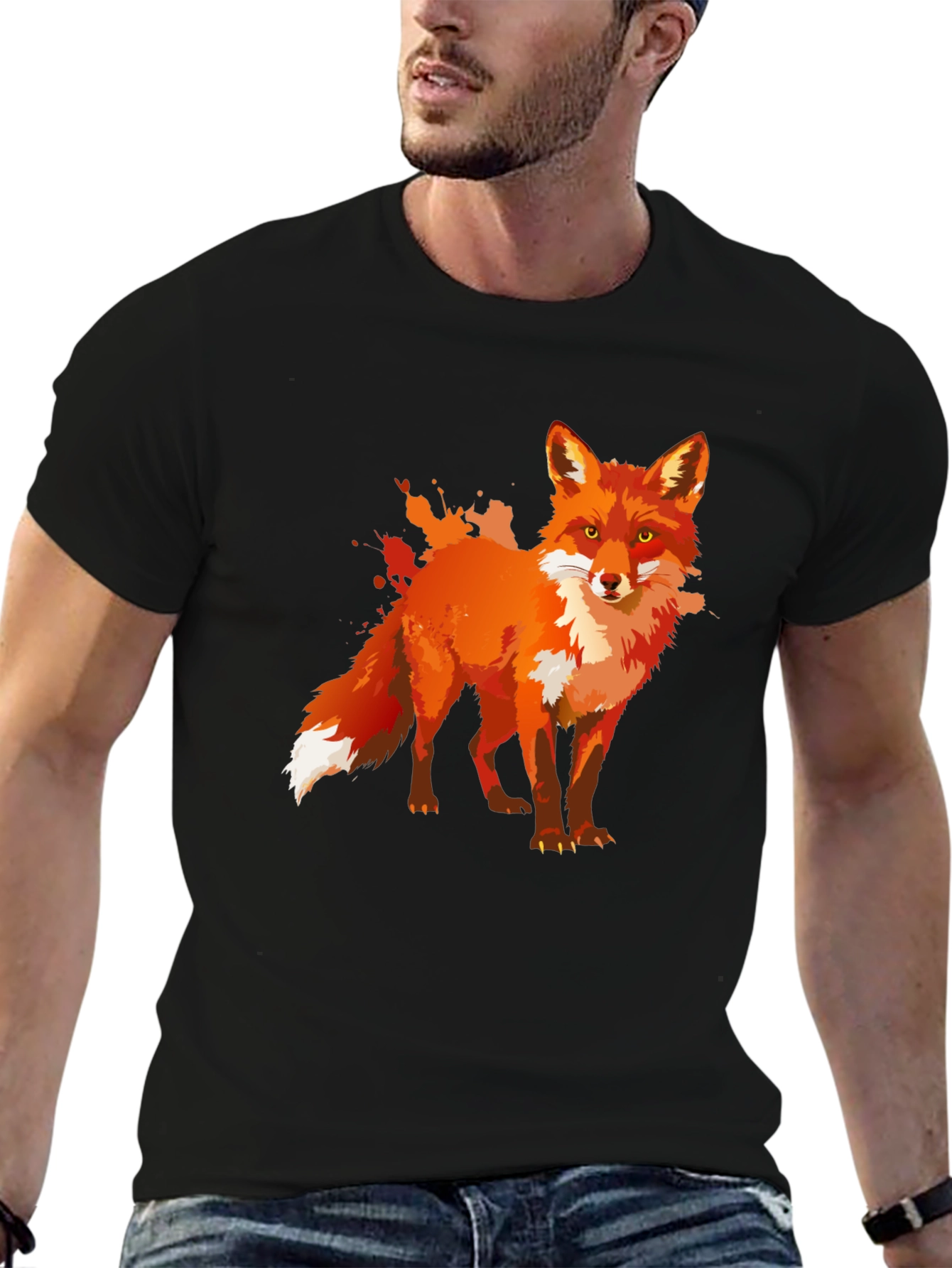 Stylish Fox Graphic Print Black T-Shirt