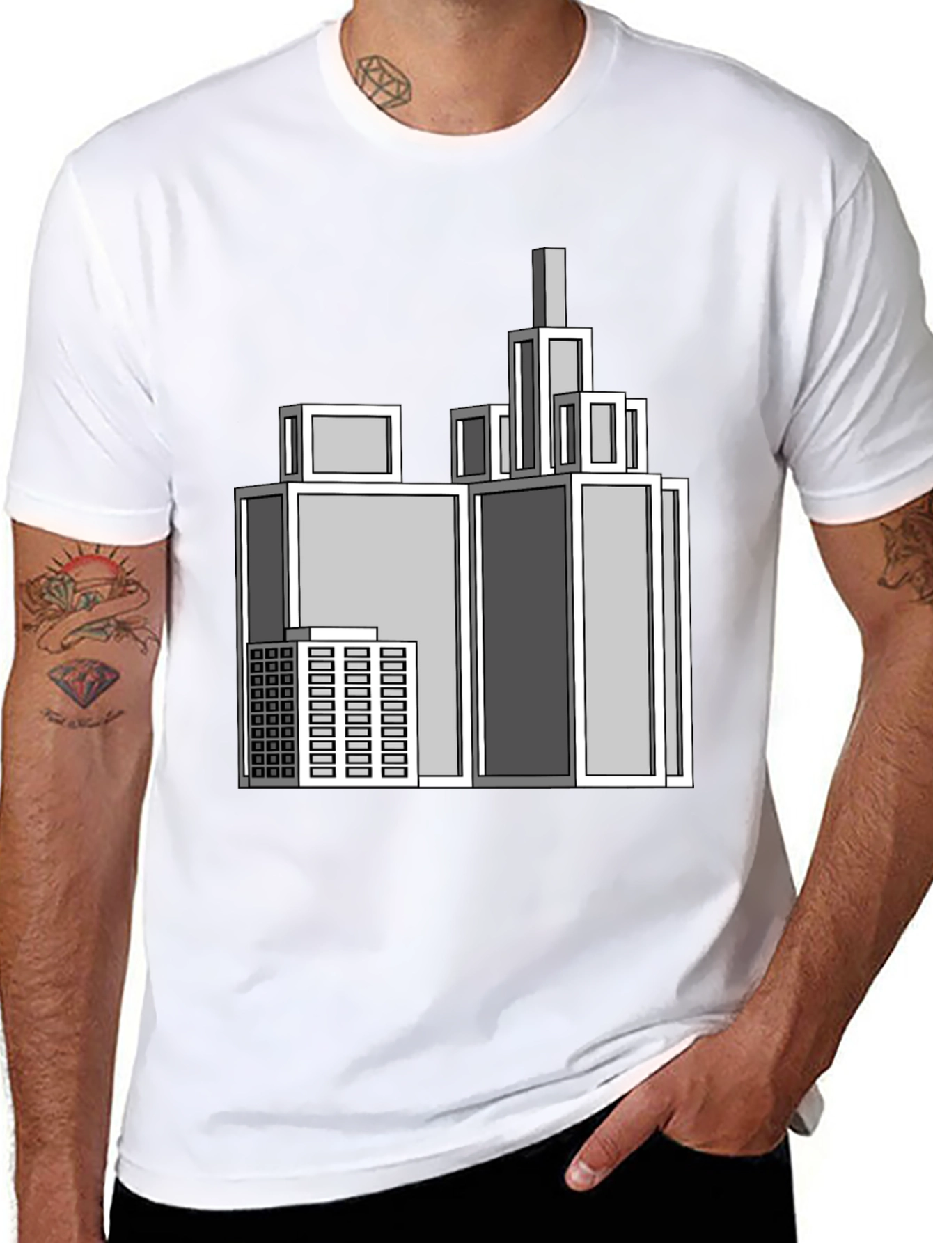 Geometric Cityscape Graphic Black T-Shirt