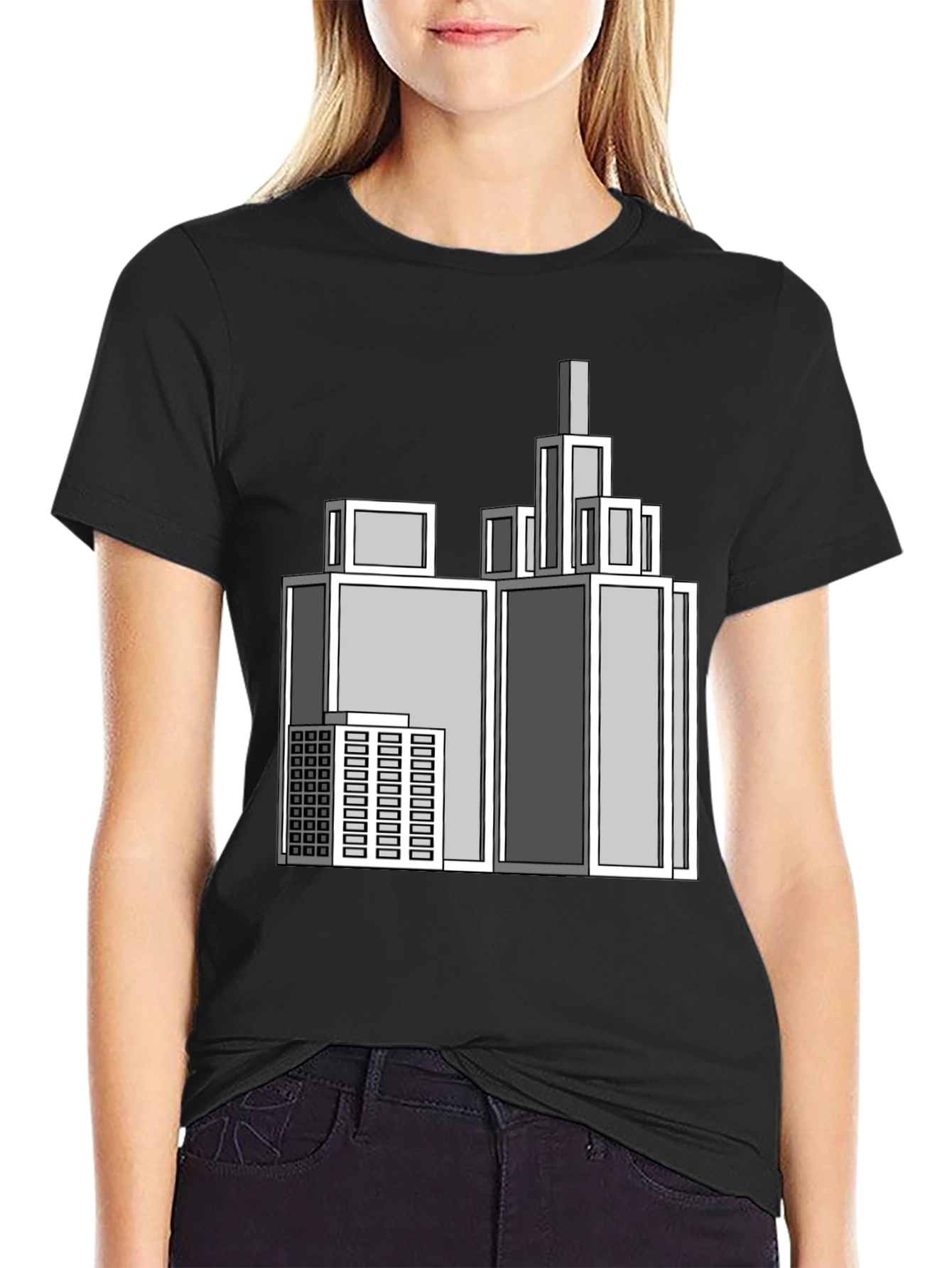 Geometric Cityscape Graphic Black T-Shirt
