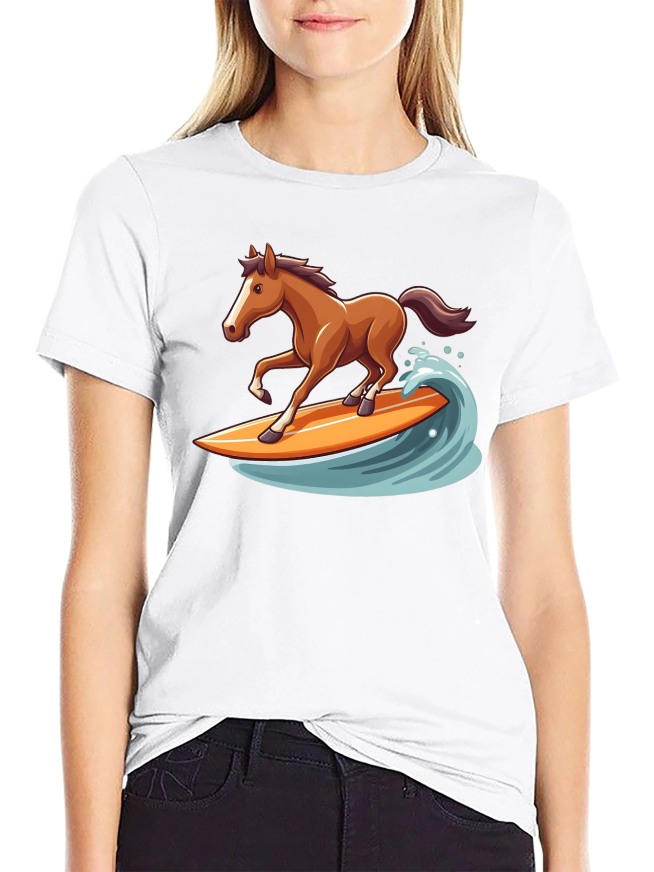 Surfing Horse Graphic Tee - Black Cotton T-Shirt