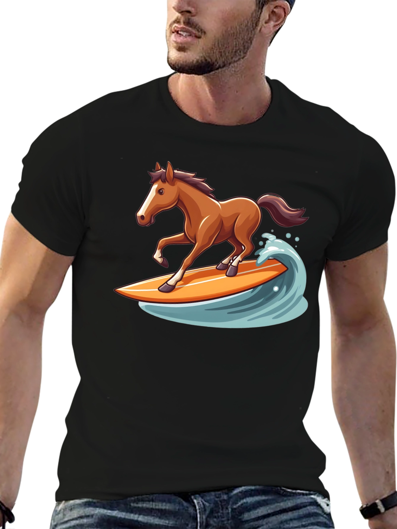 Surfing Horse Graphic Tee - Black Cotton T-Shirt