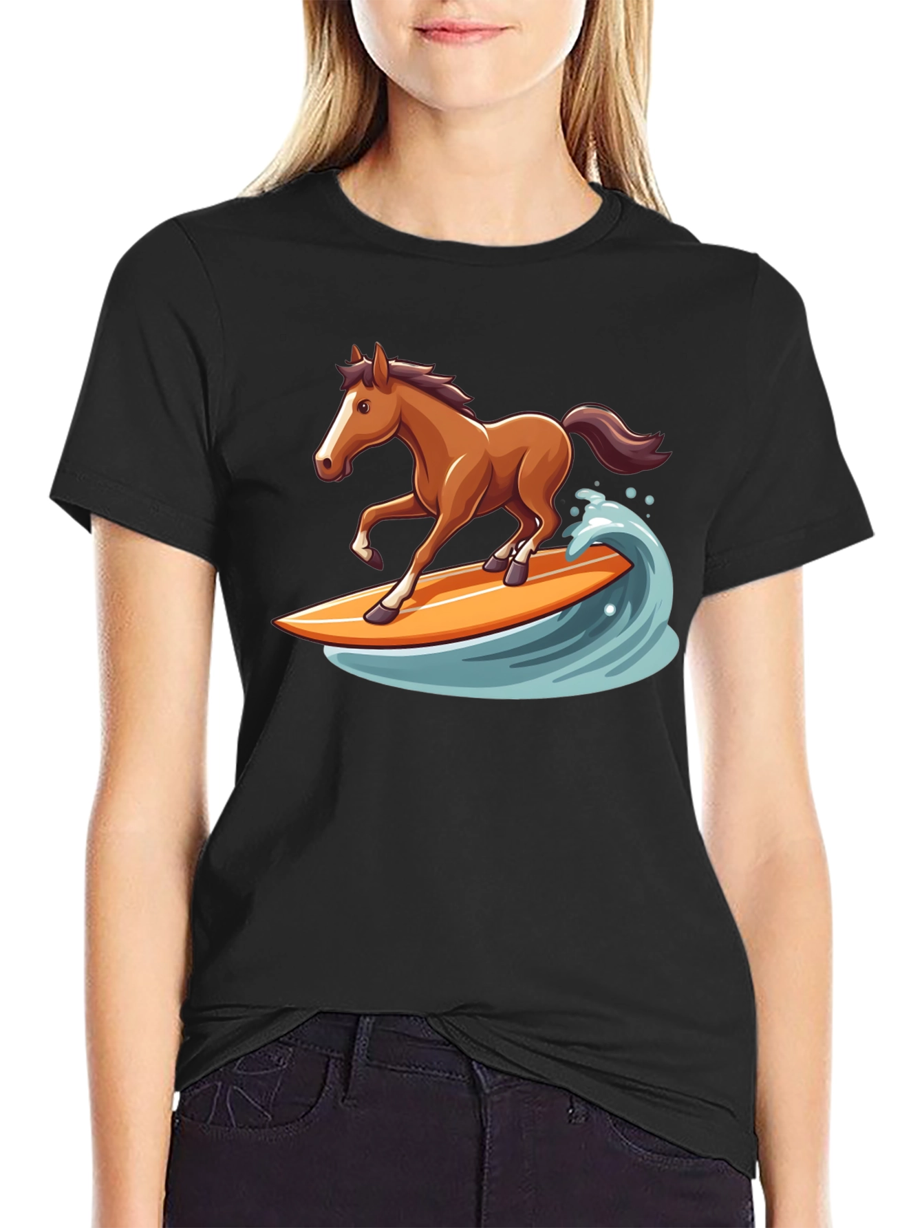 Surfing Horse Graphic Tee - Black Cotton T-Shirt