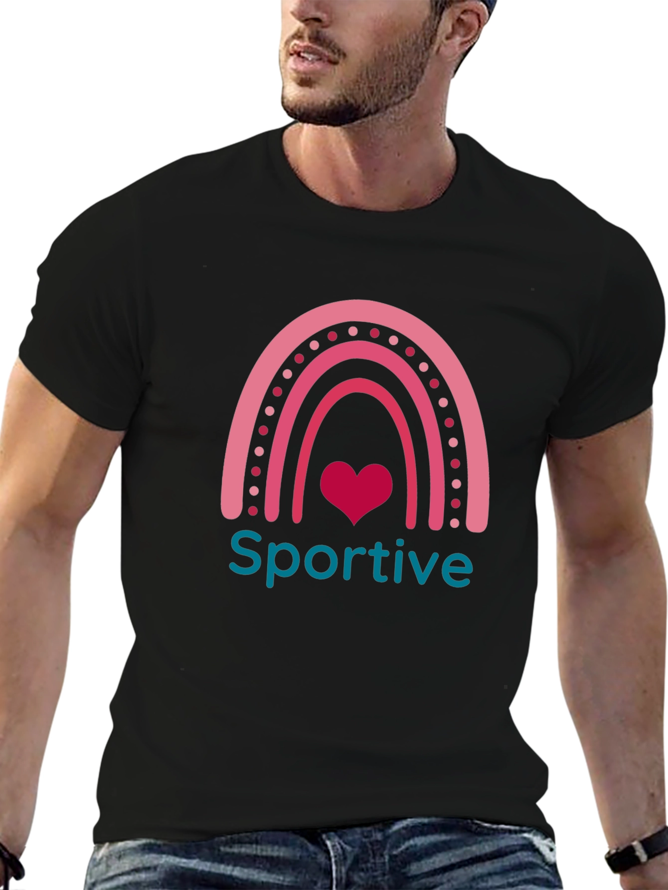 Sportive Rainbow Heart Graphic Tee - Black