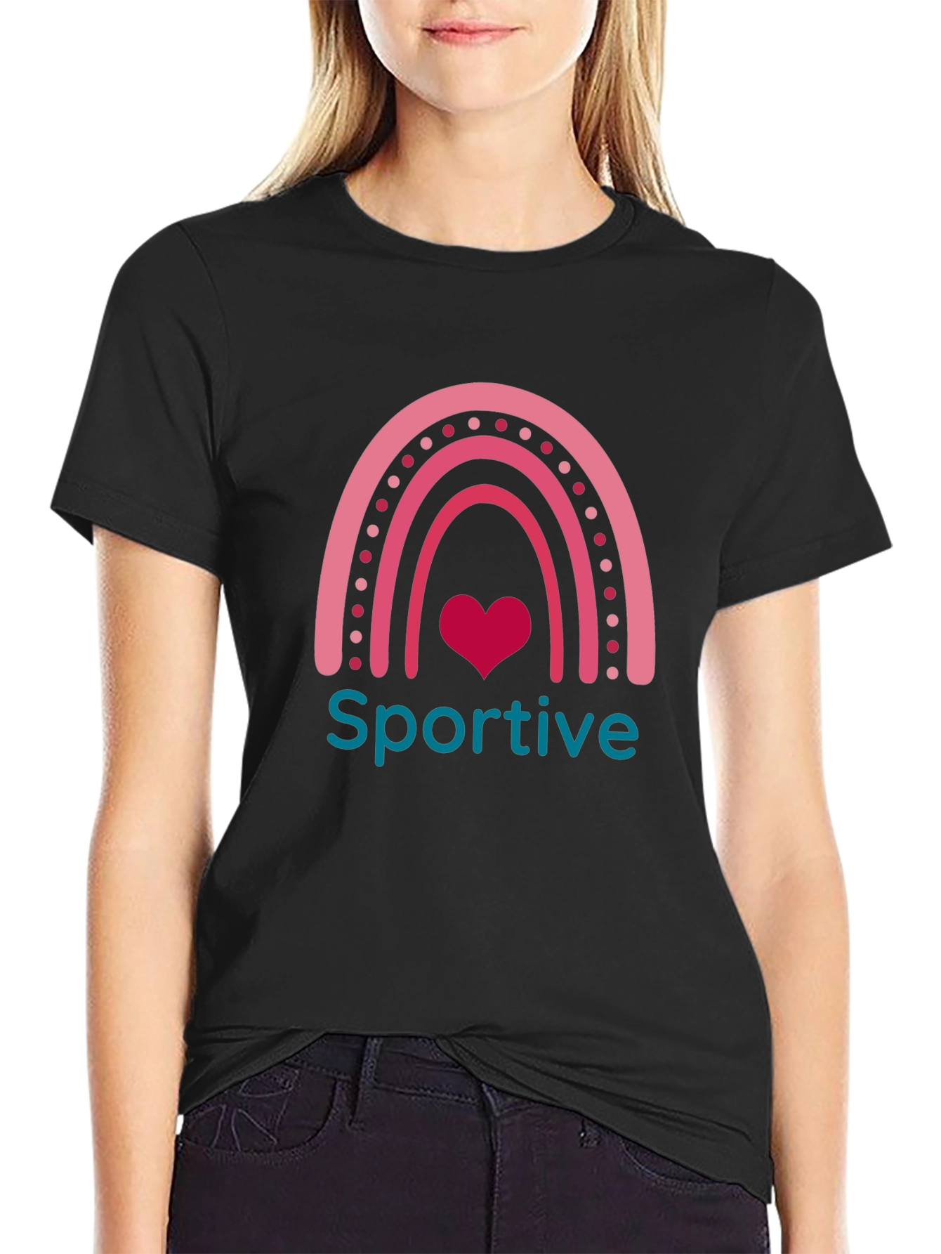 Sportive Rainbow Heart Graphic Tee - Black