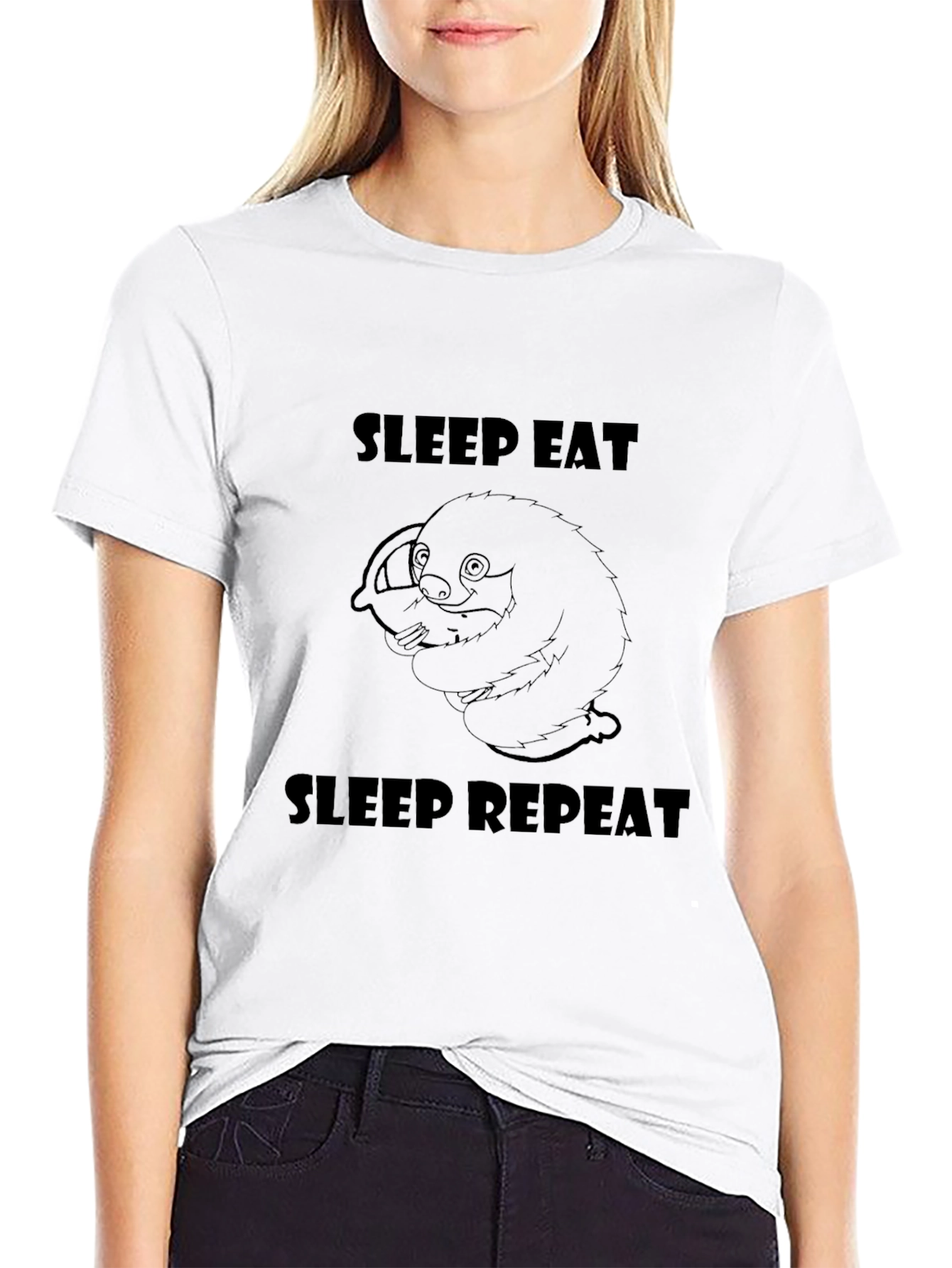 Sleep Eat Repeat Sloth Graphic Tee - Black